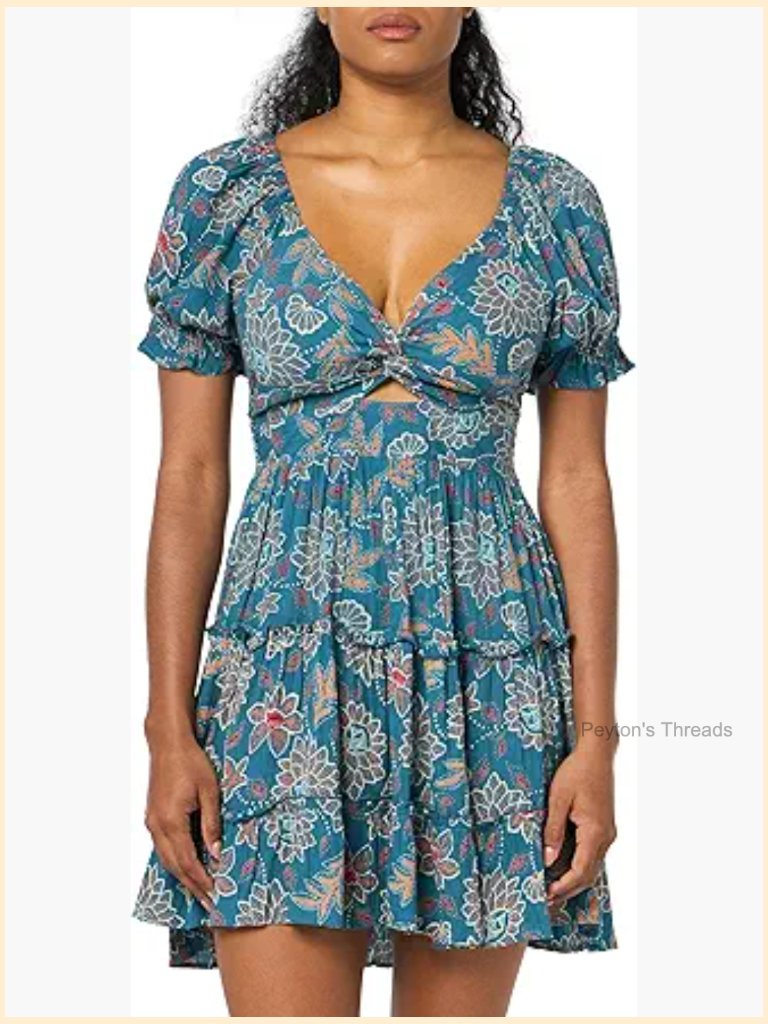 Printed Puff Sleeve Twist Front Peekaboo Cutout Dress